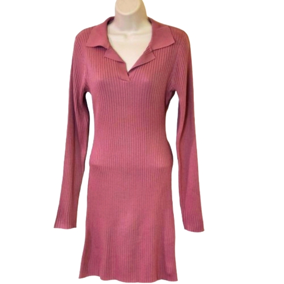 LOVE TREE Pink Mauve Ribbed, Collared Long Sleeve Dress, Size Large - Picture 8 of 16